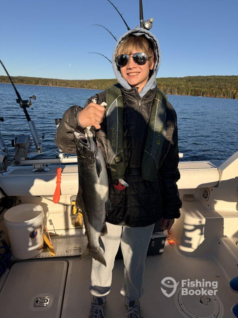 Great morning fishing and enjoying unusually calm waters on Lake Superior 