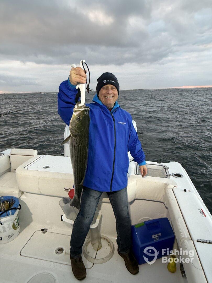 An angler proudly displaying a large Striped Bass while fishing on a boat in open waters.