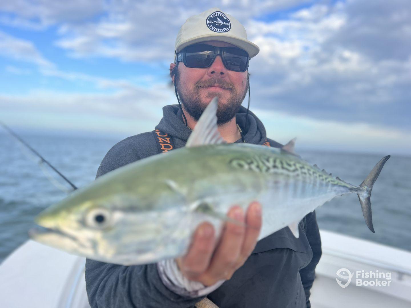 Angler proudly displaying a large Spanish Mackerel while fishing offshore, showcasing a beautiful day on the water.