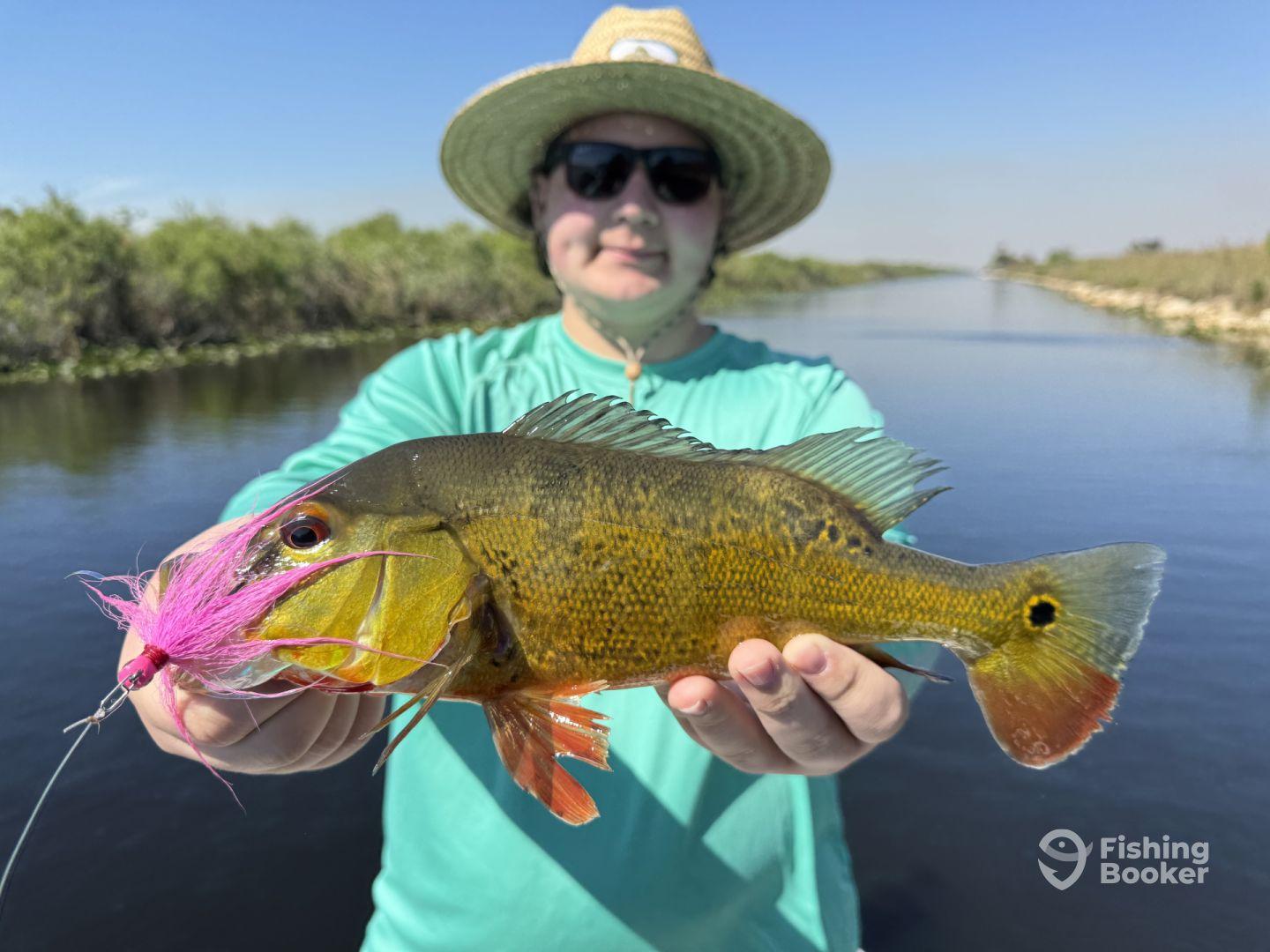 A young angler proudly displaying a vibrant Peacock Bass caught in a scenic freshwater canal, showcasing the excitement of fishing in a lush environment.